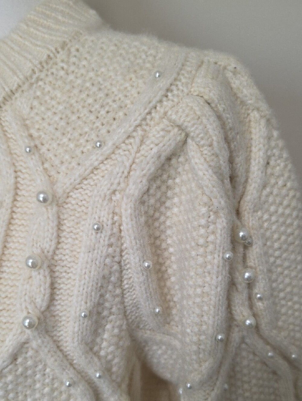 Marled Brand Cream Cable Knit Pearl Embellished Sweater - Size M
